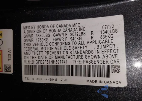 2022 Honda Civic Sport from USA, damaged, VIN 2HGFE2F51NH597741